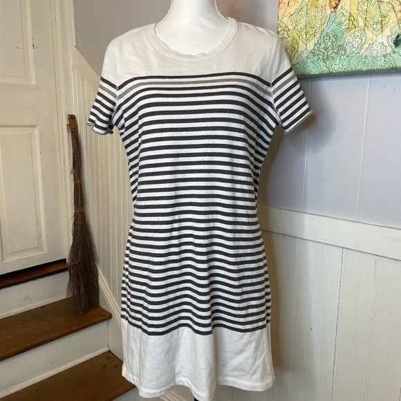 BCBG Max Azria Gray & White Striped Sweater Dress | Size L | Open Drape Back - Picture 1 of 11